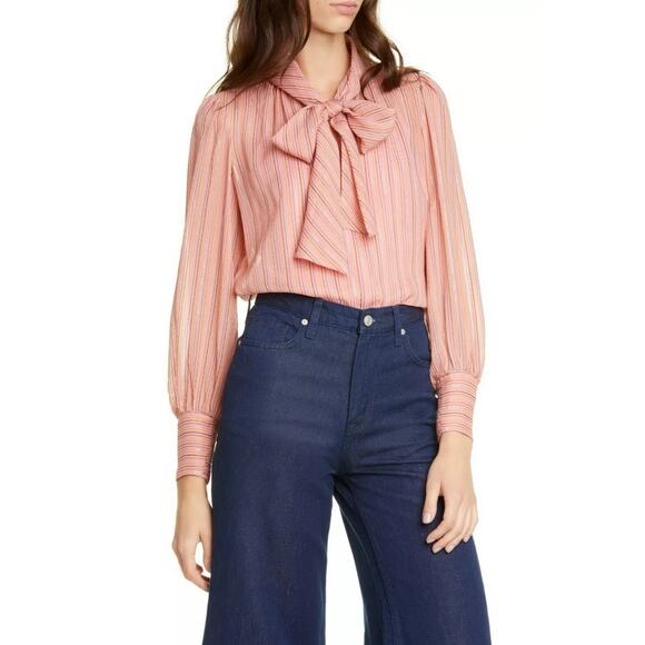 NWOT Rebecca Taylor Silk Blend Metallic Strip Neck Tie Blouse Magenta Combo Sz O - Picture 1 of 16